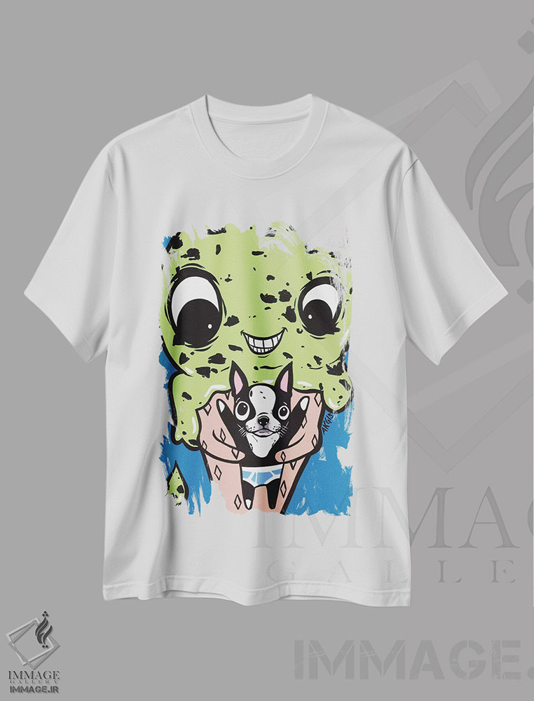 تیشرت طرح دار بوستون تریر بغل کنندهٔ بستنی، هنر فاخر معاصر اثر آلیسون گاتچل | immage.ir
