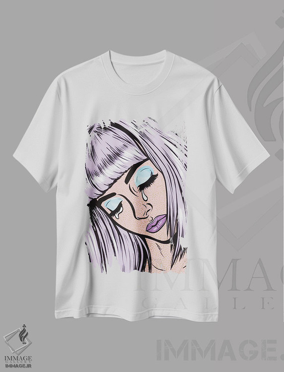 تیشرت طرح دار دختر گریان با چتری های یاسی، هنر فاخر معاصر اثر آلیسون گاتچل | immage.ir