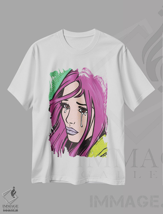تیشرت طرح دار دختر گریان با موهای سرخابی، هنر فاخر معاصر اثر آلیسون گاتچل | immage.ir