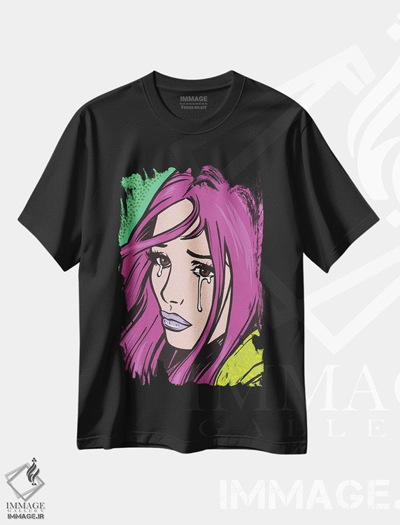تیشرت طرح دار دختر گریان با موهای سرخابی، هنر فاخر معاصر اثر آلیسون گاتچل | فروشگاه ایماژ