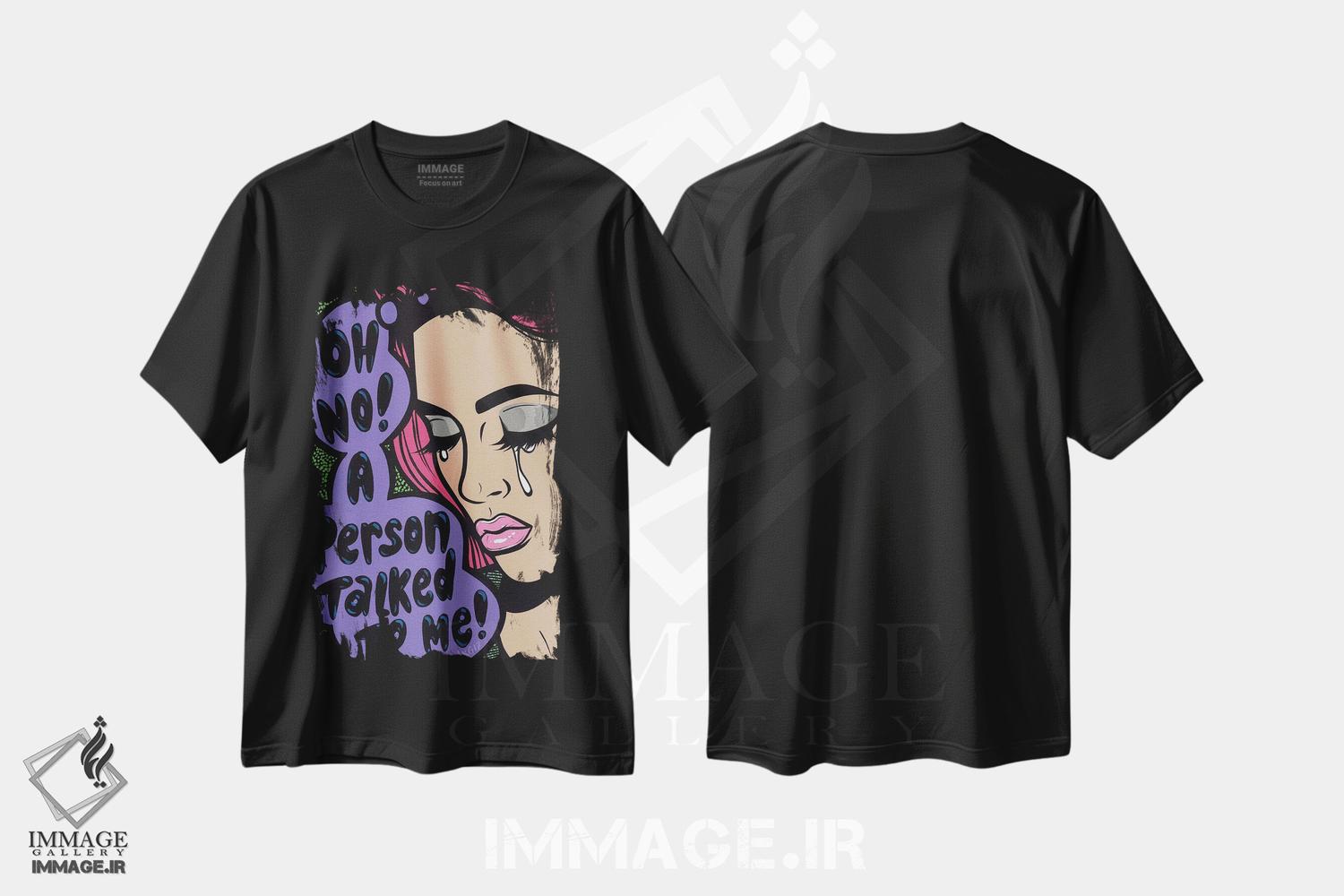 تیشرت طرح دار دختر کمیک گریان با متن "اوه نه!"، هنر فاخر معاصر اثر آلیسون گاتچل | فروشگاه ایماژ
