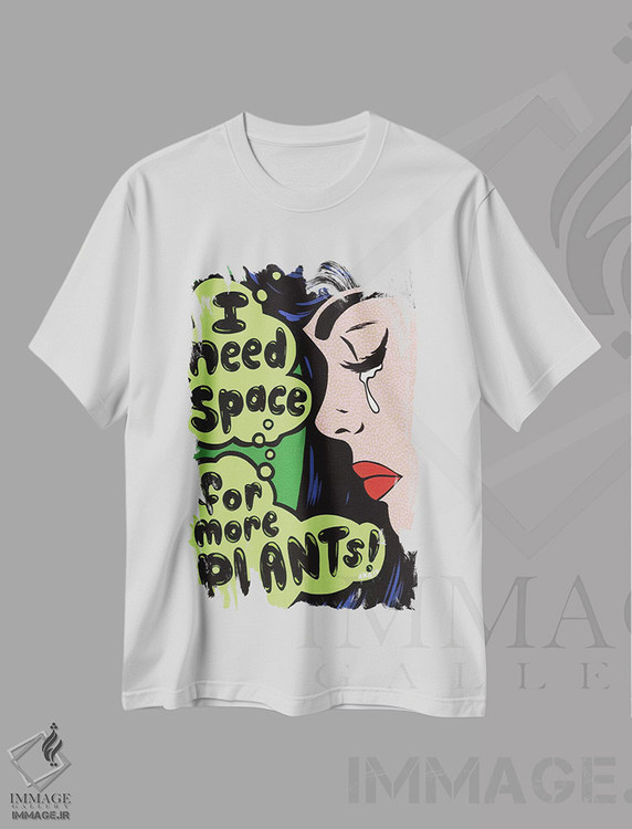 تیشرت طرح دار دختر کمیک با پیام "گیاه بیشتر!"، هنر فاخر معاصر اثر آلیسون گاتچل | immage.ir