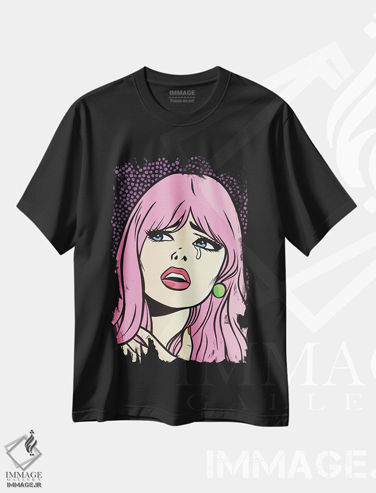 تیشرت طرح دار دختر کمیک گریان با موهای صورتی، هنر فاخر معاصر اثر آلیسون گاتچل | فروشگاه ایماژ