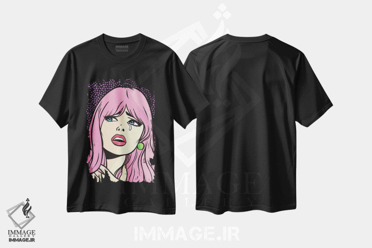 تیشرت طرح دار دختر کمیک گریان با موهای صورتی، هنر فاخر معاصر اثر آلیسون گاتچل | فروشگاه ایماژ