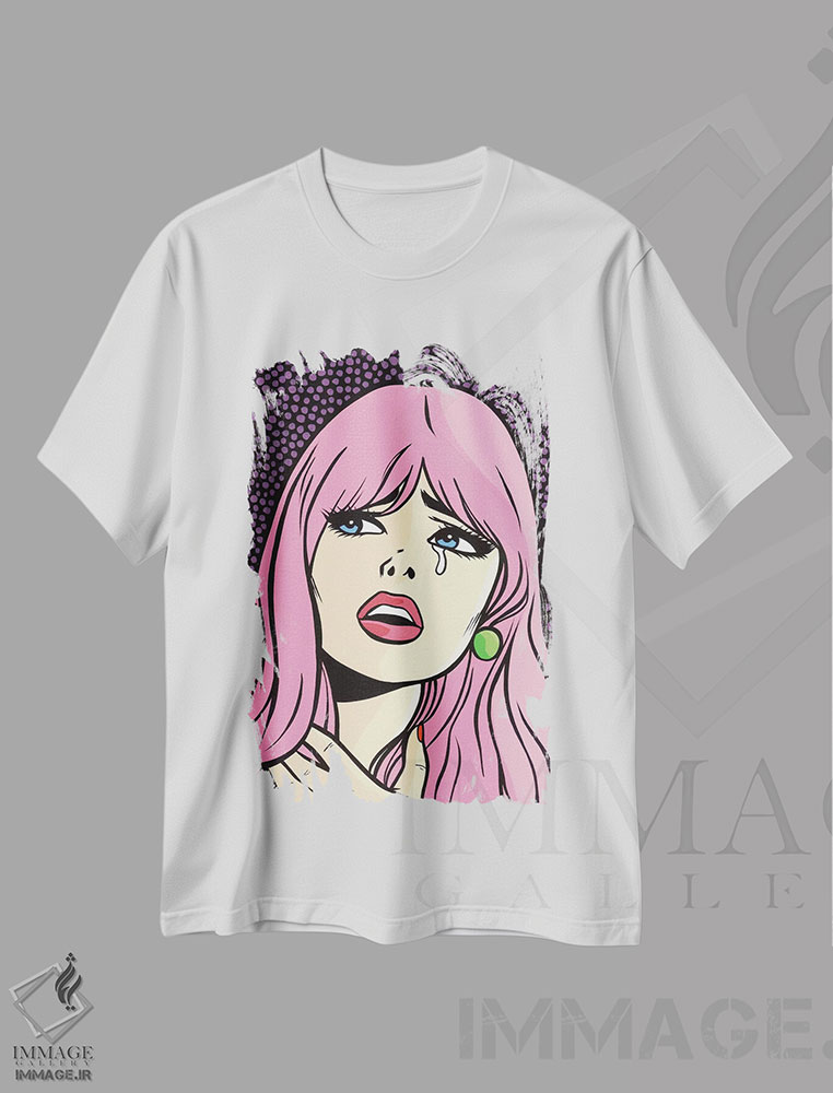 تیشرت طرح دار دختر کمیک گریان با موهای صورتی، هنر فاخر معاصر اثر آلیسون گاتچل | immage.ir