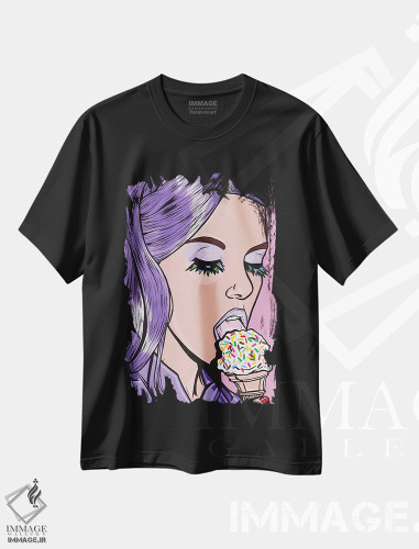 تیشرت طرح دار دختر کمیک بستنی بنفش، هنر فاخر معاصر اثر آلیسون گاتچل | فروشگاه ایماژ