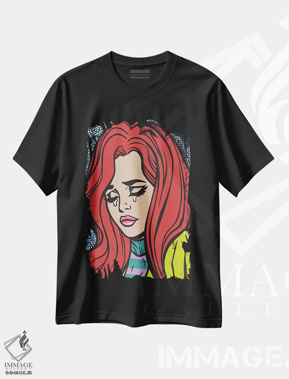 تیشرت طرح دار دختر گریان با موهای قرمز، هنر فاخر معاصر اثر آلیسون گاتچل | فروشگاه ایماژ