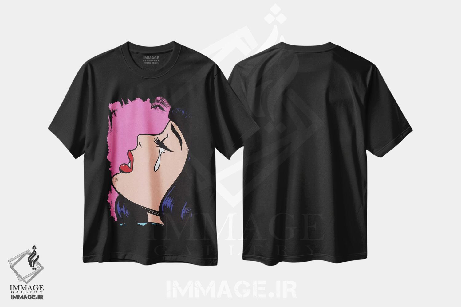 تیشرت طرح دار دختر گریان با چتری مشکی، هنر فاخر معاصر اثر آلیسون گاتچل | فروشگاه ایماژ