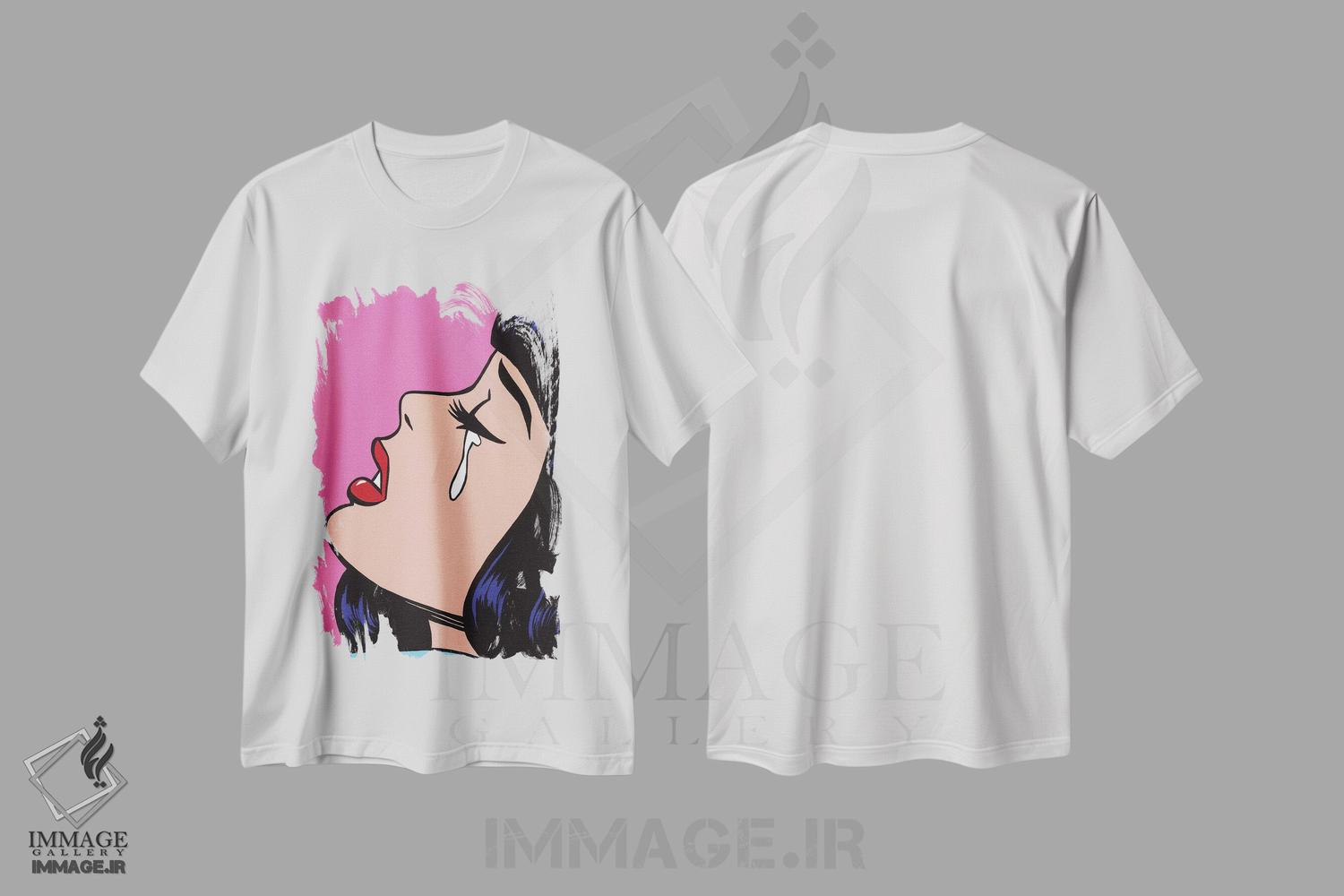 تیشرت طرح دار دختر گریان با چتری مشکی، هنر فاخر معاصر اثر آلیسون گاتچل | immage.ir