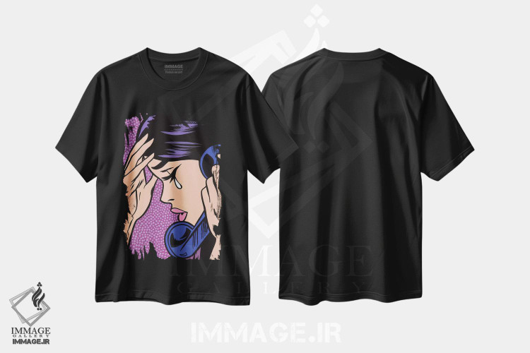 تیشرت طرح دار دختر کمیک گریان با تلفن، هنر فاخر معاصر اثر آلیسون گاتچل | فروشگاه ایماژ