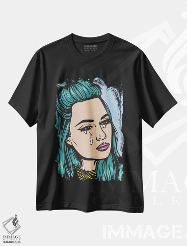 تیشرت طرح دار دختر گریان با موهای فیروزه ای، هنر فاخر معاصر اثر آلیسون گاتچل | فروشگاه ایماژ