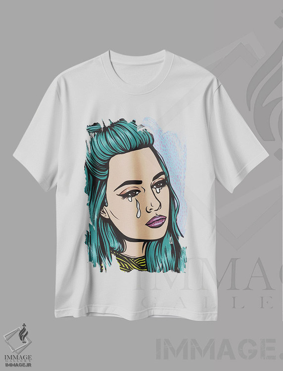 تیشرت طرح دار دختر گریان با موهای فیروزه ای، هنر فاخر معاصر اثر آلیسون گاتچل | immage.ir