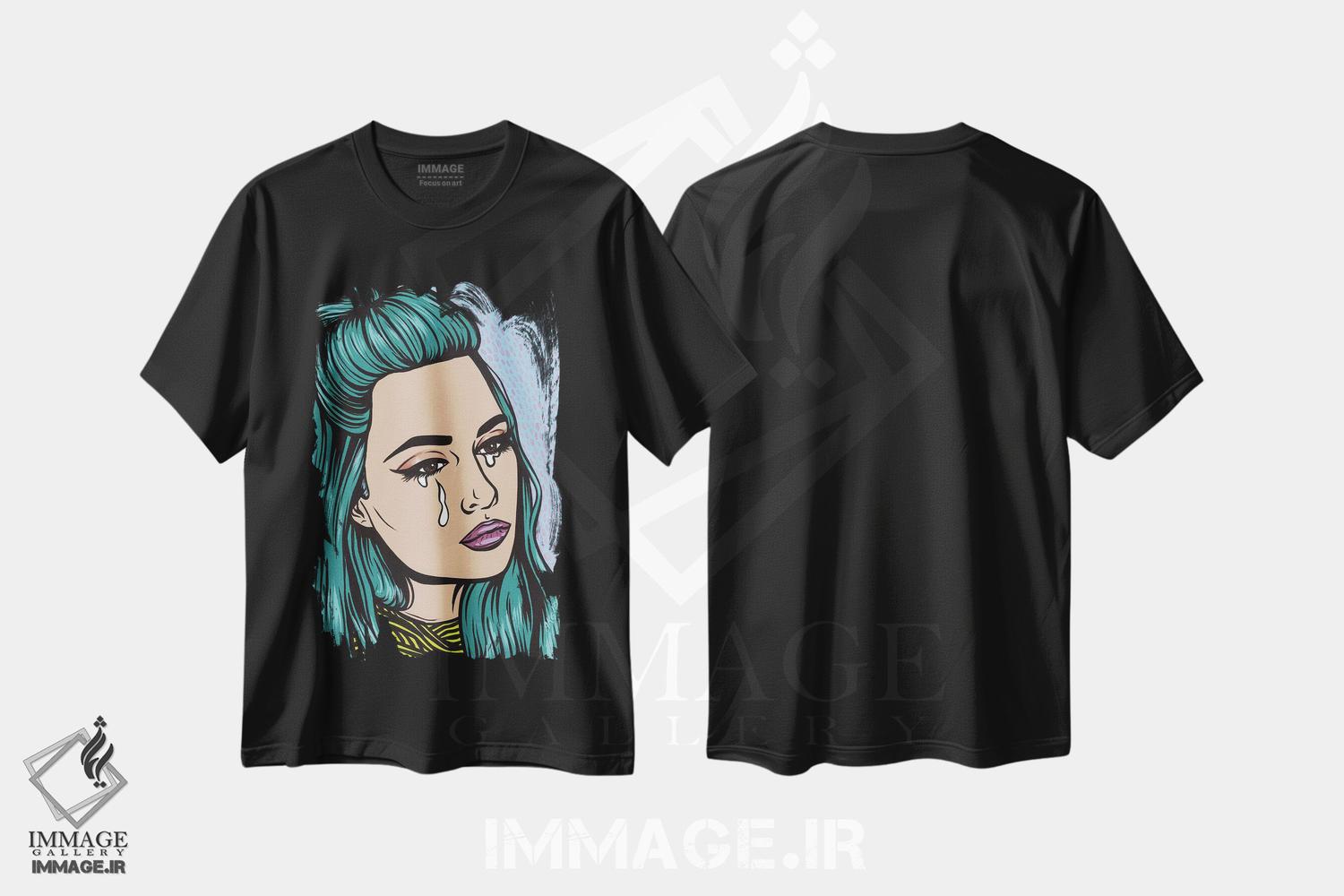 تیشرت طرح دار دختر گریان با موهای فیروزه ای، هنر فاخر معاصر اثر آلیسون گاتچل | فروشگاه ایماژ