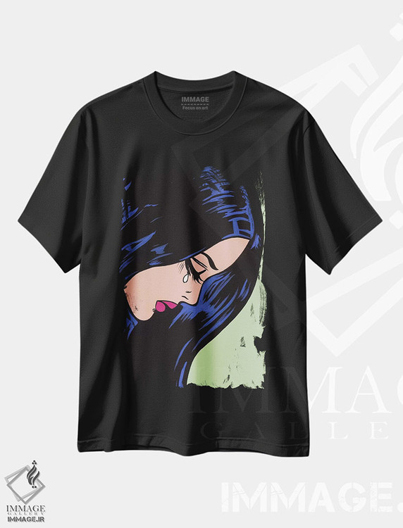 تیشرت طرح دار دختر گریان با موهای مشکی، هنر فاخر معاصر اثر آلیسون گاتچل | فروشگاه ایماژ