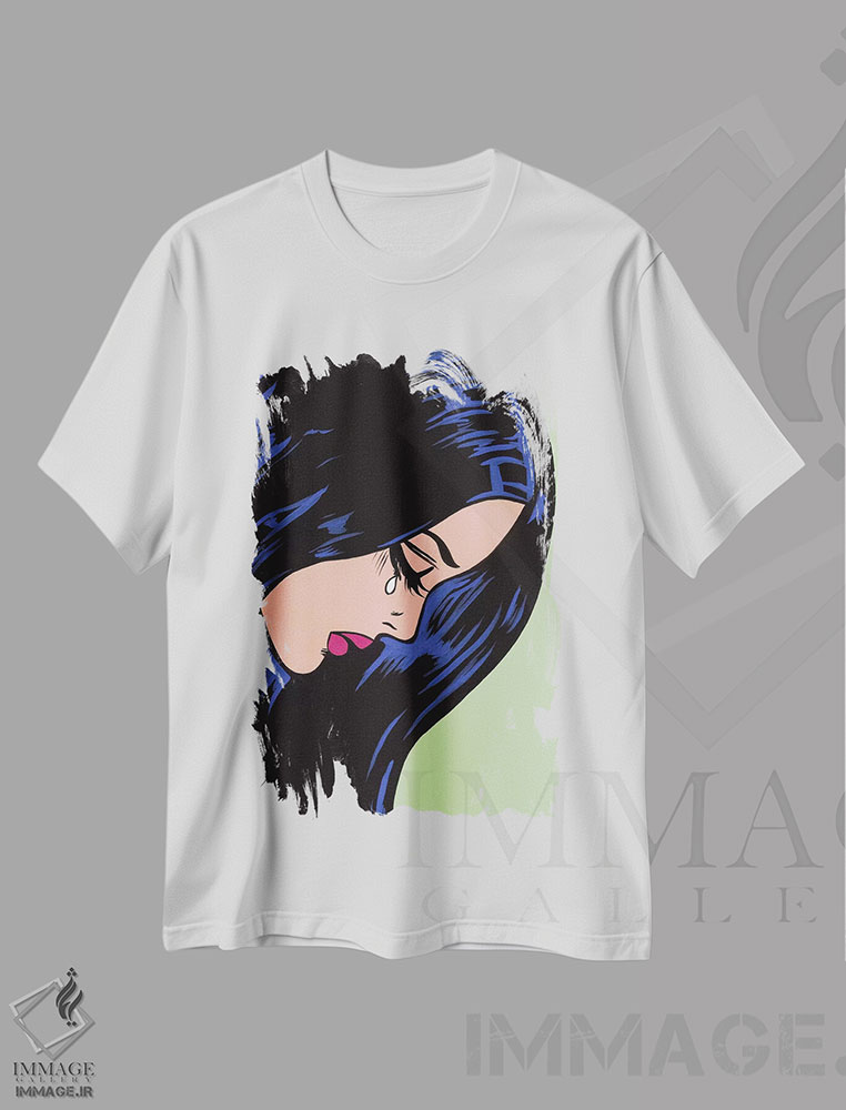 تیشرت طرح دار دختر گریان با موهای مشکی، هنر فاخر معاصر اثر آلیسون گاتچل | immage.ir