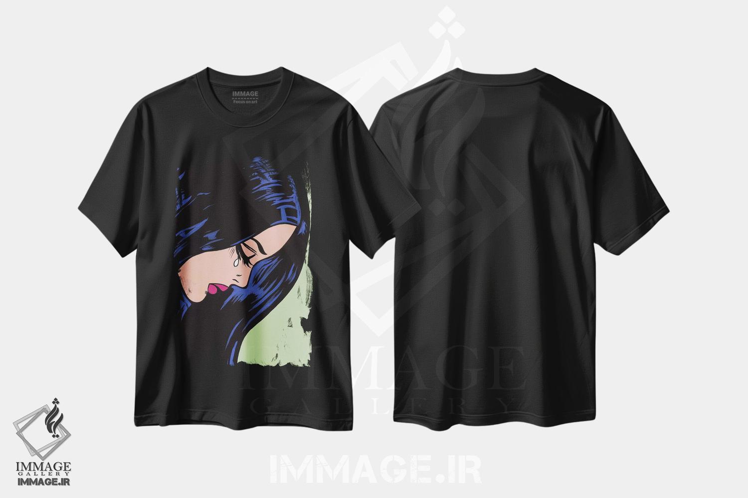 تیشرت طرح دار دختر گریان با موهای مشکی، هنر فاخر معاصر اثر آلیسون گاتچل | فروشگاه ایماژ