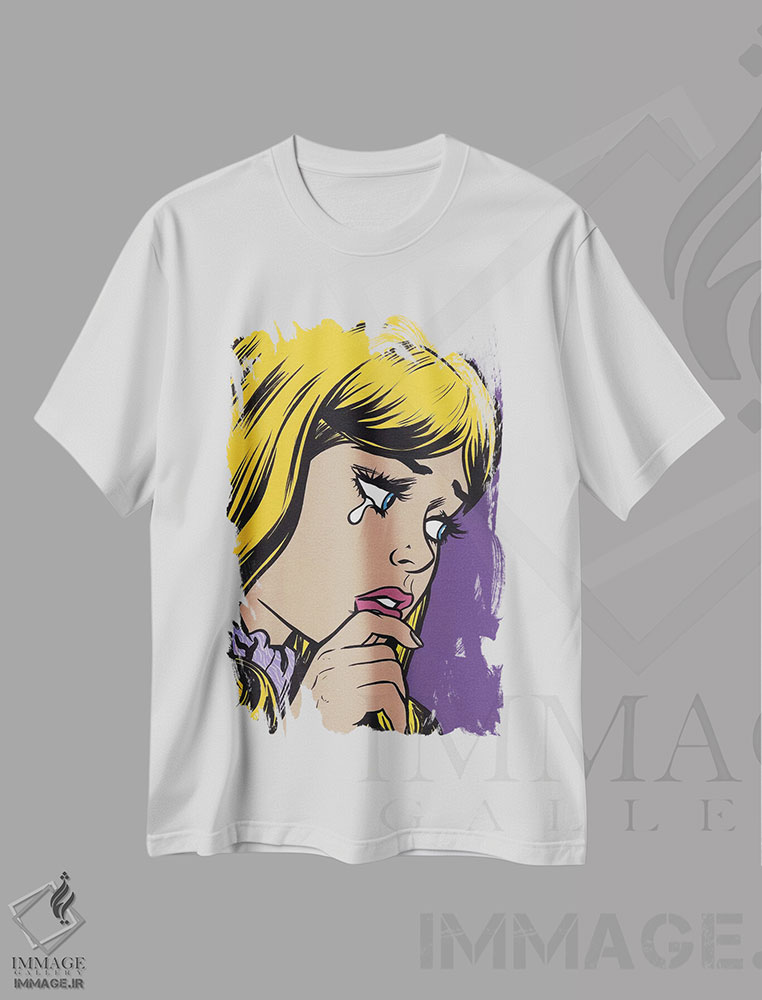 تیشرت طرح دار دختر غمگین با چتری بلوند، هنر فاخر معاصر اثر آلیسون گاتچل | immage.ir