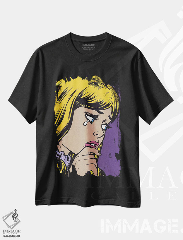 تیشرت طرح دار دختر غمگین با چتری بلوند، هنر فاخر معاصر اثر آلیسون گاتچل | فروشگاه ایماژ