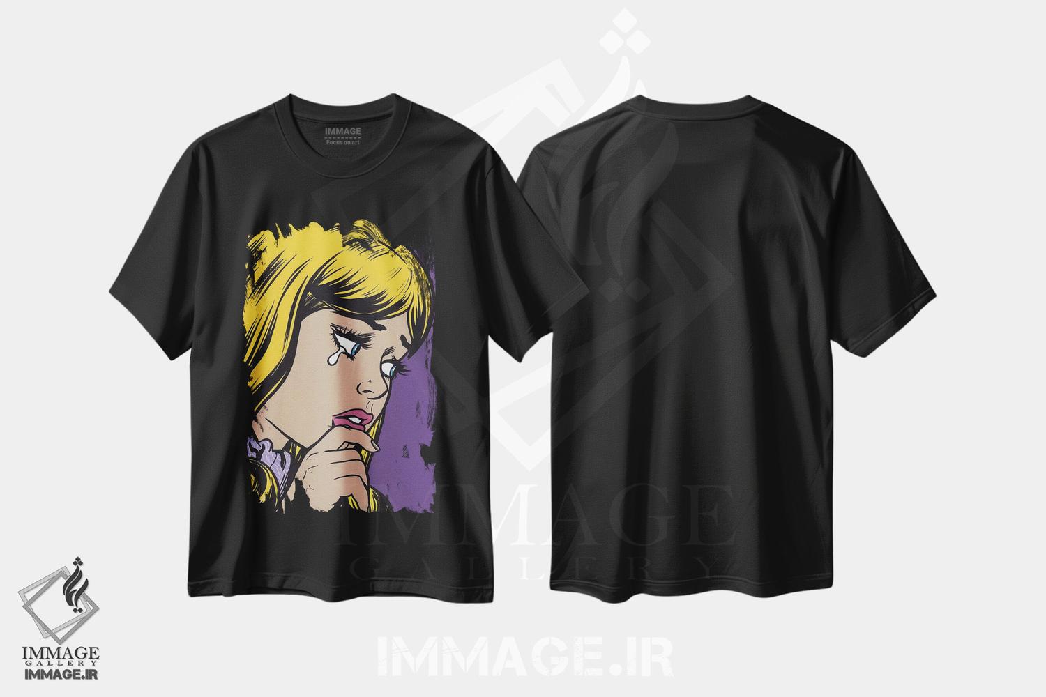 تیشرت طرح دار دختر غمگین با چتری بلوند، هنر فاخر معاصر اثر آلیسون گاتچل | فروشگاه ایماژ