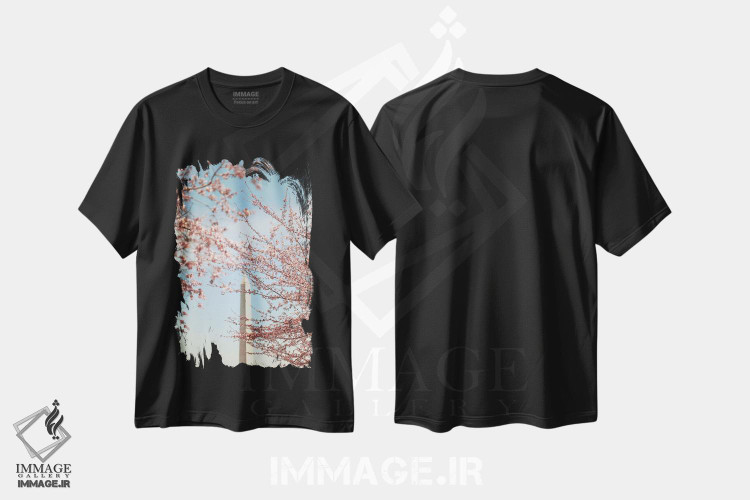 تیشرت طرح دار شکوفه های گیلاس و بنای یادبود واشینگتن، مدیوم اثر آن هادک | فروشگاه ایماژ