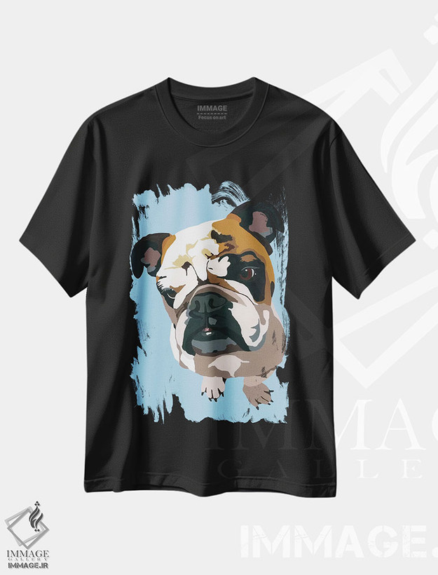 تیشرت طرح دار بولداگ روی زمینه آبی اثر جولی احمد | فروشگاه ایماژ