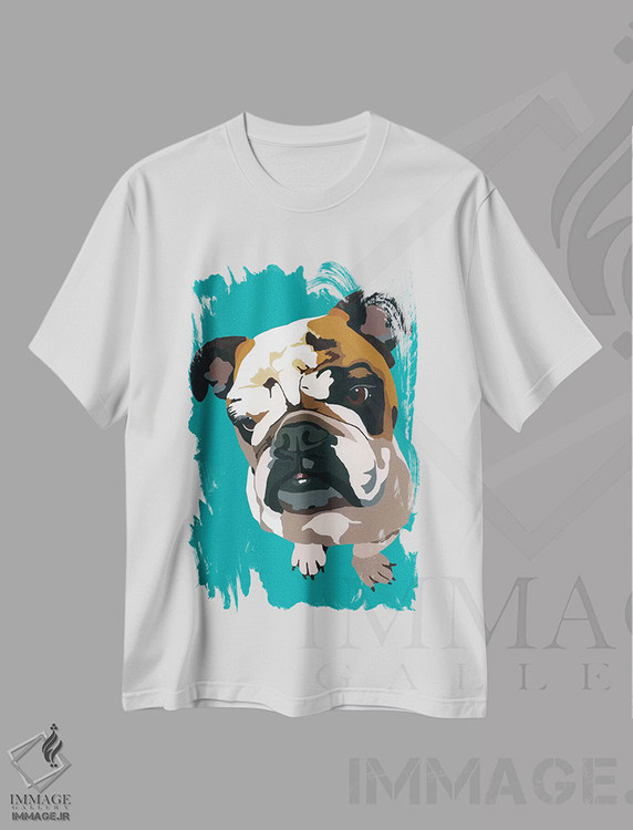 تیشرت طرح دار بولداگ روی زمینه سبزآبی اثر جولی احمد | immage.ir