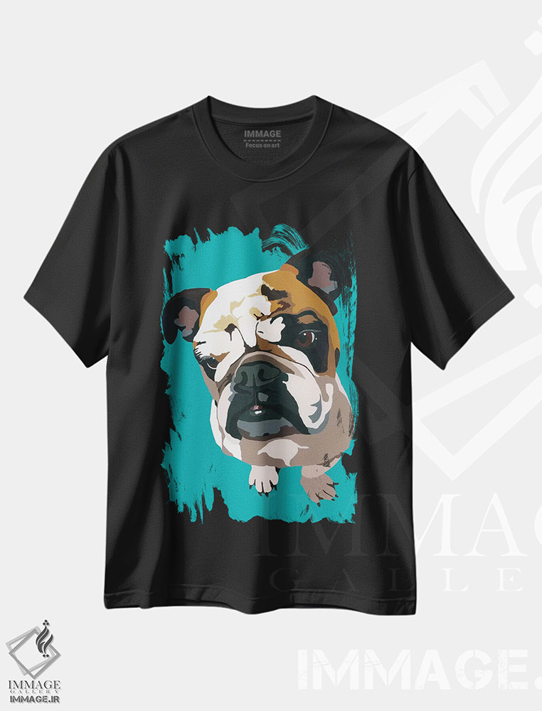 تیشرت طرح دار بولداگ روی زمینه سبزآبی اثر جولی احمد | فروشگاه ایماژ