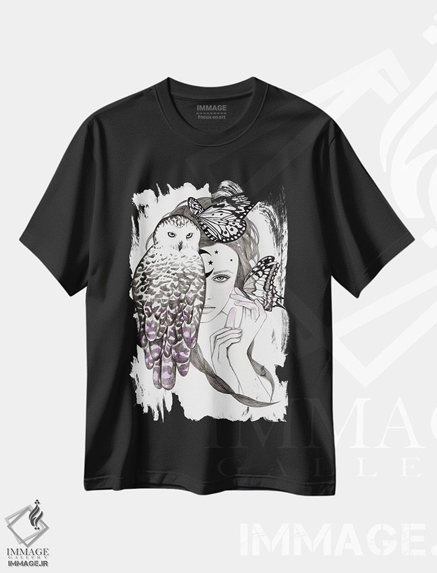 تیشرت طرح دار جغد شب، دست نقاشی و طراحی دستی اثر آندریا هرنیاک | فروشگاه ایماژ