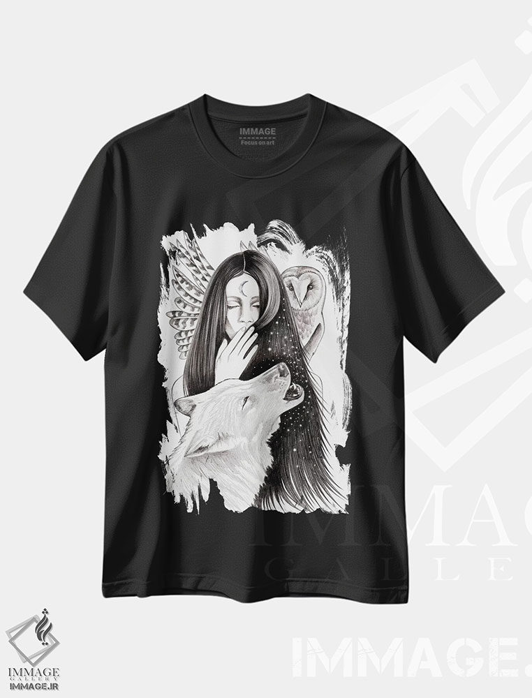 تیشرت طرح دار آیین، نقاشی و تصویرگری سیاه و سفید اثر آندریا هرنیاک | فروشگاه ایماژ