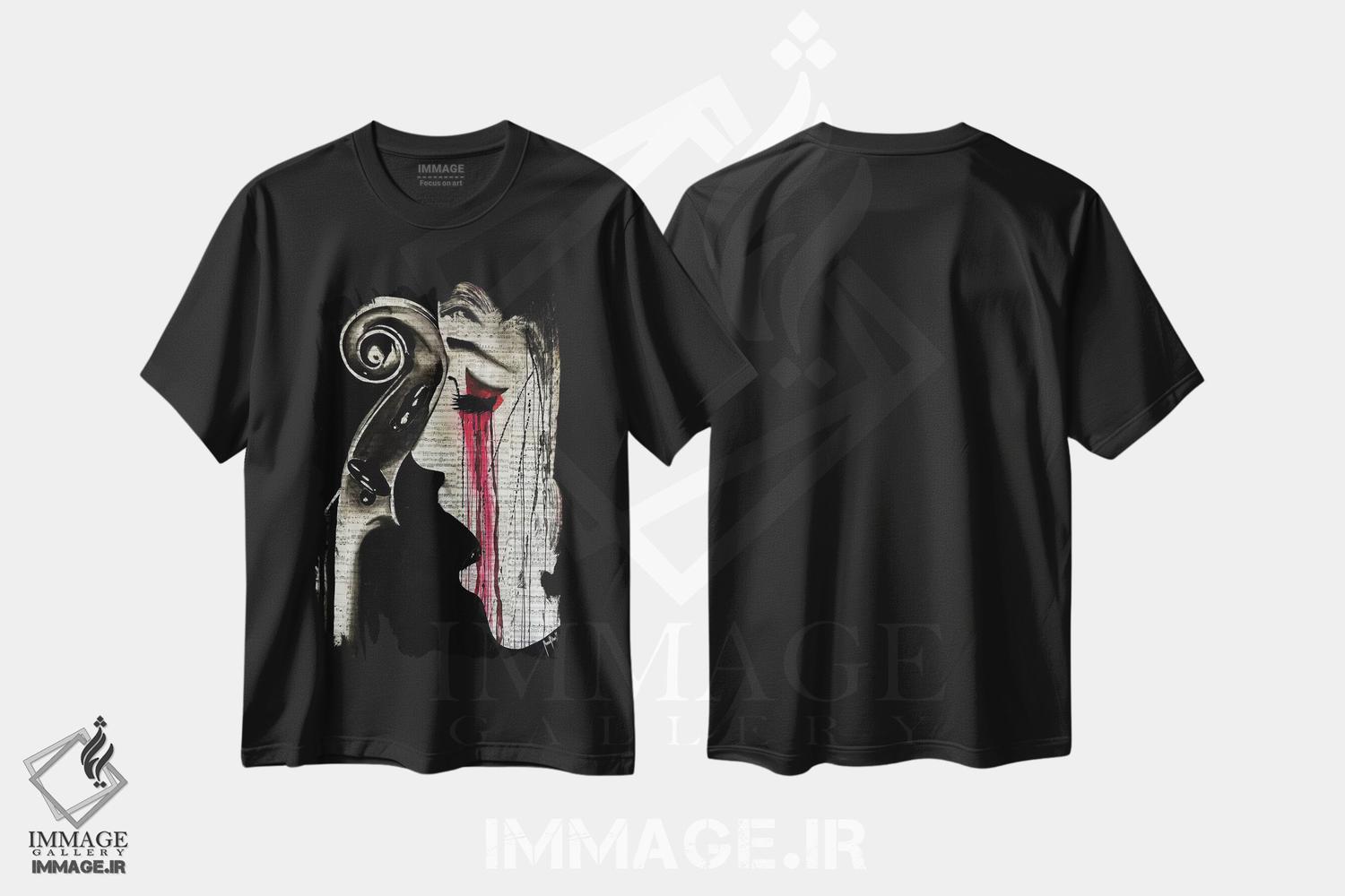 تیشرت طرح دار زن ویولنسل نواز، هنر فاخر اثر احمد شریف | فروشگاه ایماژ
