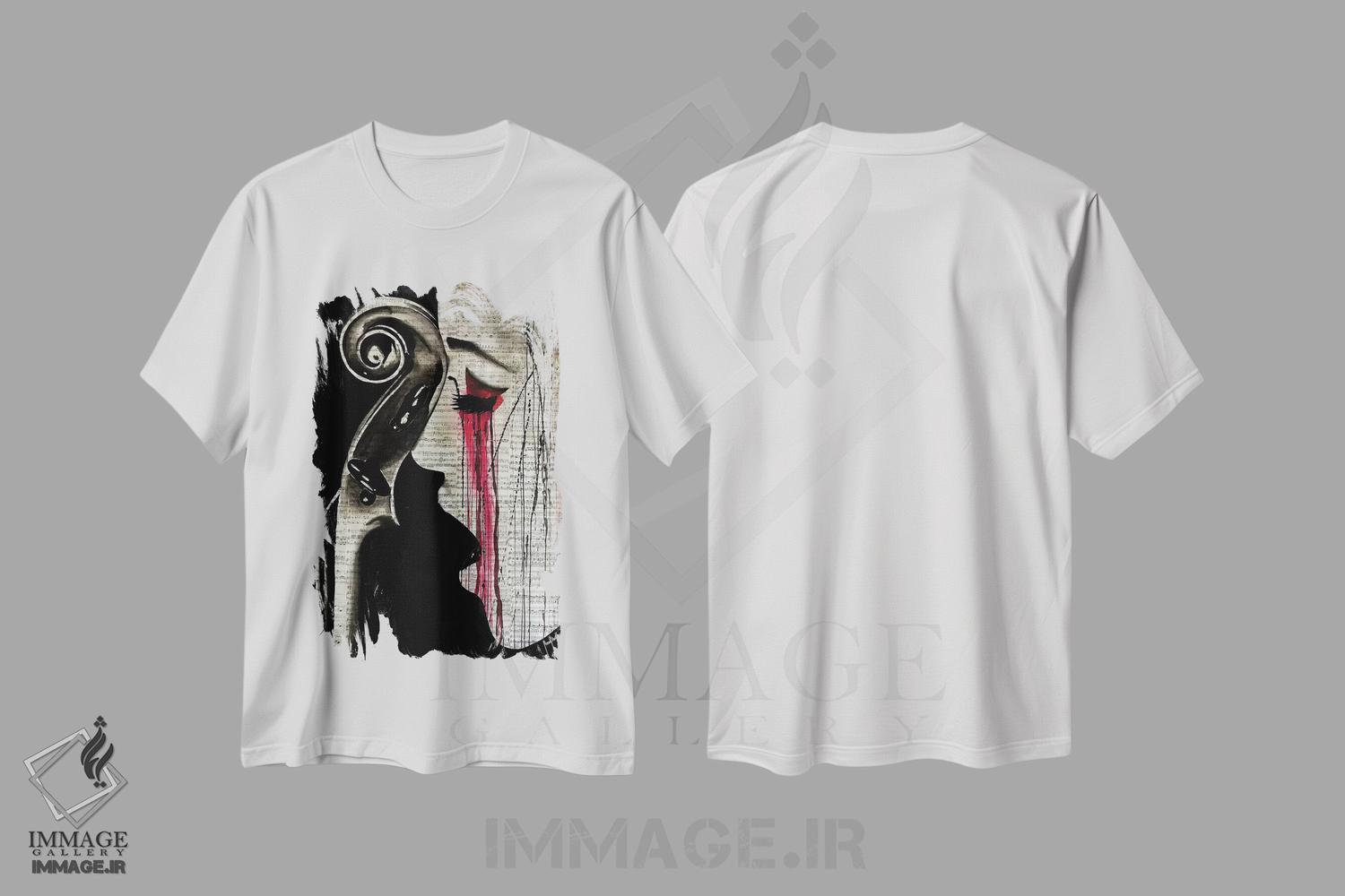 تیشرت طرح دار زن ویولنسل نواز، هنر فاخر اثر احمد شریف | immage.ir
