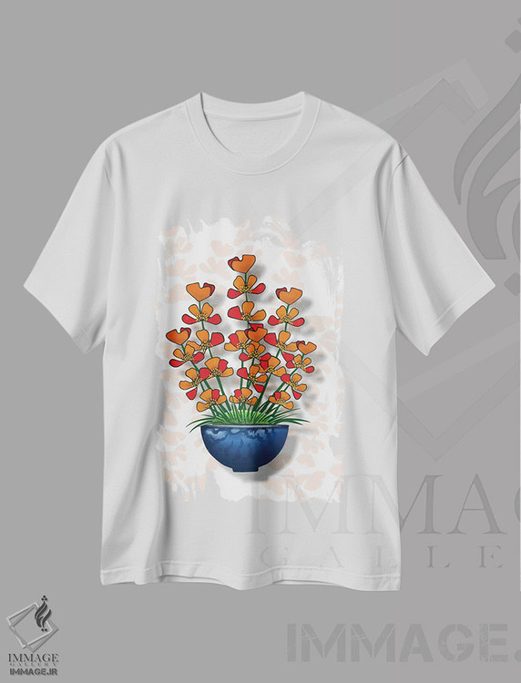 تیشرت طرح دار نارنجی شادی آور در گلدان آبی، دکور معاصر اثر آن هاچینسون | فروشگاه ایماژ