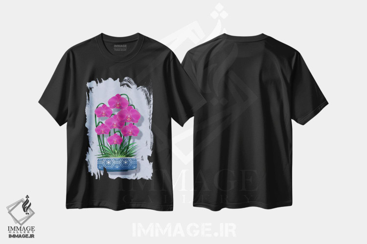 تیشرت طرح دار ارکیده در گلدان آبی، دکور آسیایی اثر آن هاچینسون | فروشگاه ایماژ