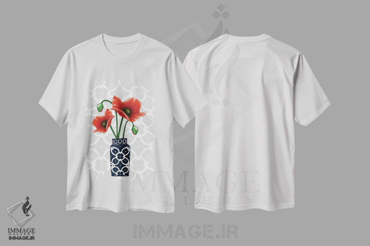 تیشرت طرح دار شقایق در گلدان آبی، دکور معاصر اثر آن هاچینسون | فروشگاه ایماژ