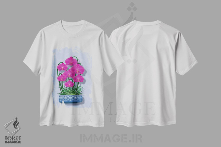 تیشرت طرح دار ارکیده در گلدان آبی، دکور آسیایی اثر آن هاچینسون | immage.ir