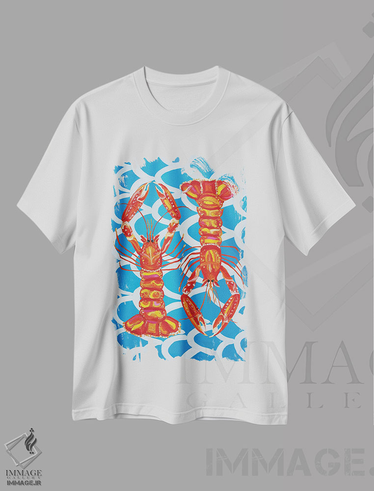 تیشرت طرح دار لنگوستین ها روی زمینهٔ موجی آبی، دکور معاصر اثر آلیس استراکر | فروشگاه ایماژ