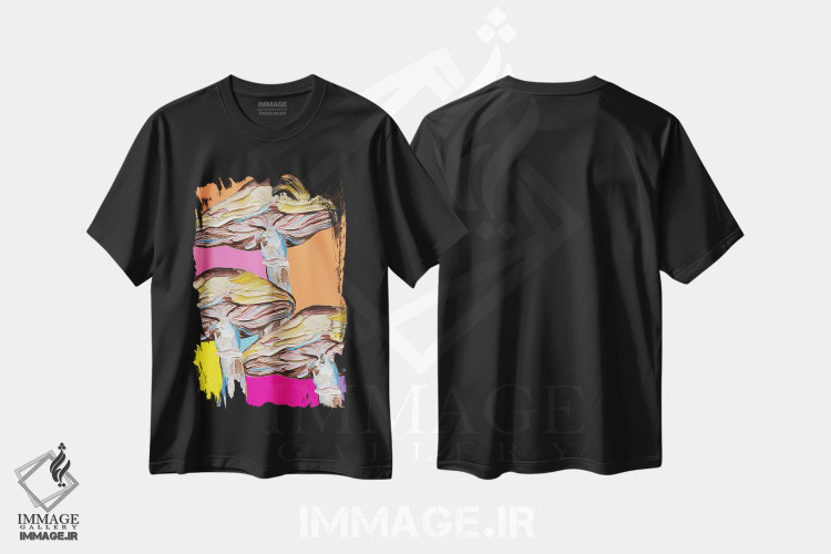 تیشرت طرح دار قارچ ها روی لحاف رنگین کمانی، دکور معاصر اثر آلیس استراکر | فروشگاه ایماژ