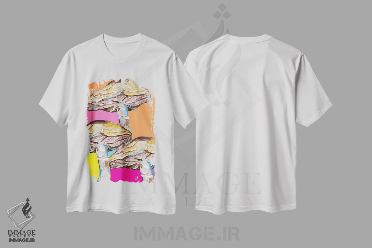 تیشرت طرح دار قارچ ها روی لحاف رنگین کمانی، دکور معاصر اثر آلیس استراکر | immage.ir