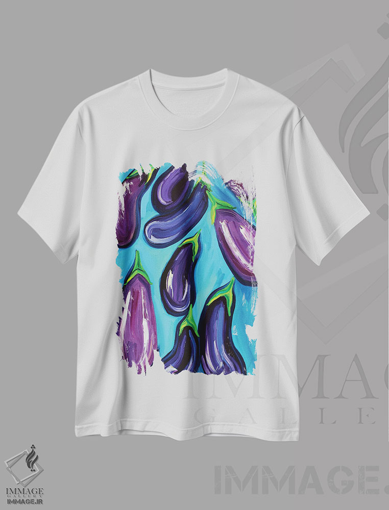 تیشرت طرح دار باران بادمجان، دکور معاصر اثر آلیس استراکر | فروشگاه ایماژ
