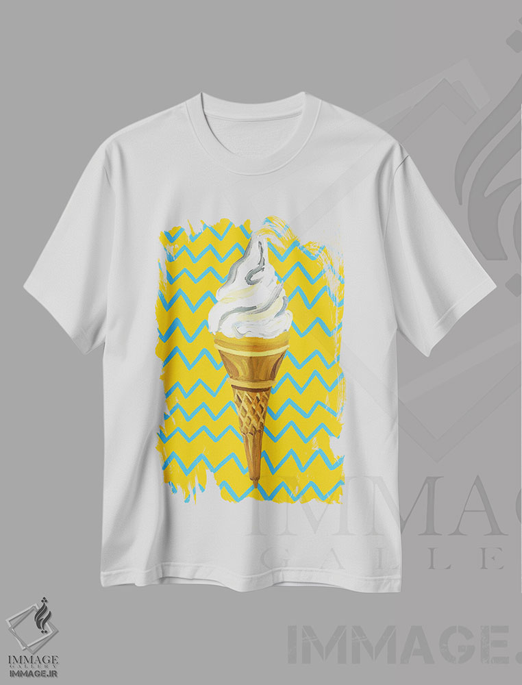 تیشرت طرح دار بستنی روی زیگزاگ زرد، هنر فاخر معاصر اثر آلیس استراکر | فروشگاه ایماژ