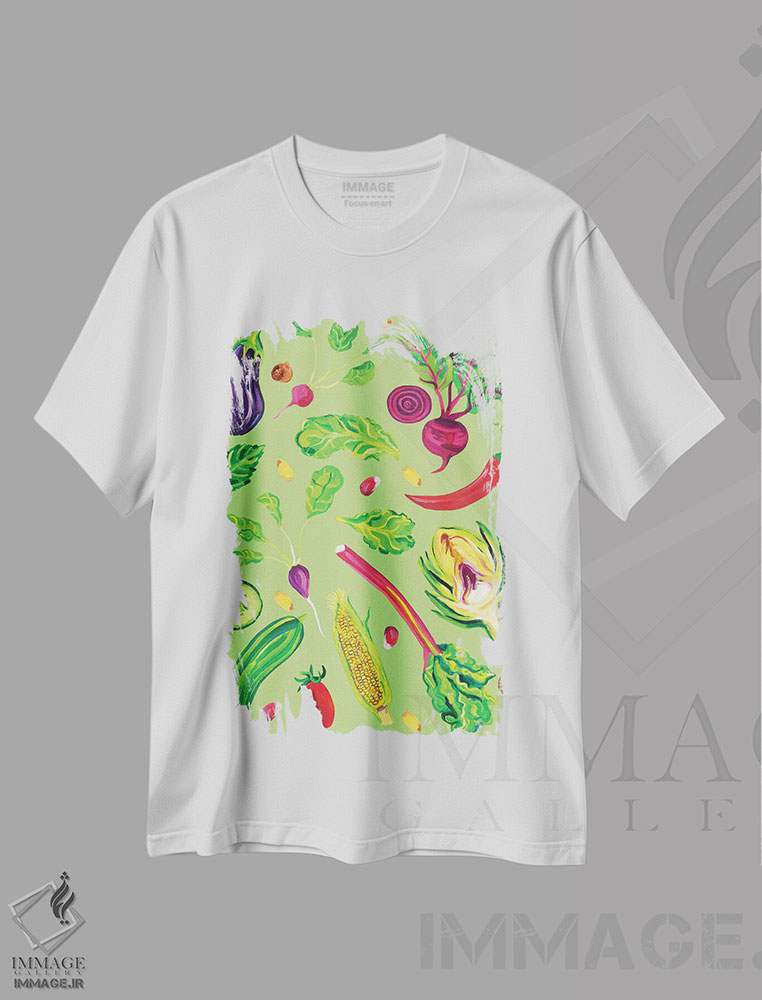 تیشرت طرح دار سبزیجات بهاری سبز، هنر فاخر معاصر اثر آلیس استراکر | فروشگاه ایماژ