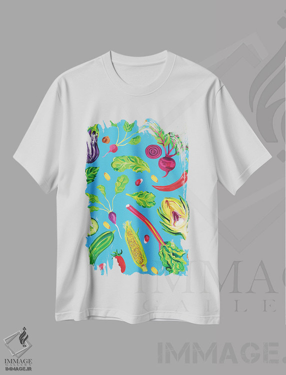 تیشرت طرح دار سبزیجات بهاری آبی، هنر فاخر معاصر اثر آلیس استراکر | immage.ir