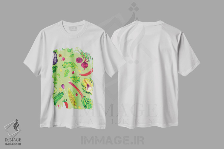 تیشرت طرح دار سبزیجات بهاری سبز، هنر فاخر معاصر اثر آلیس استراکر | فروشگاه ایماژ
