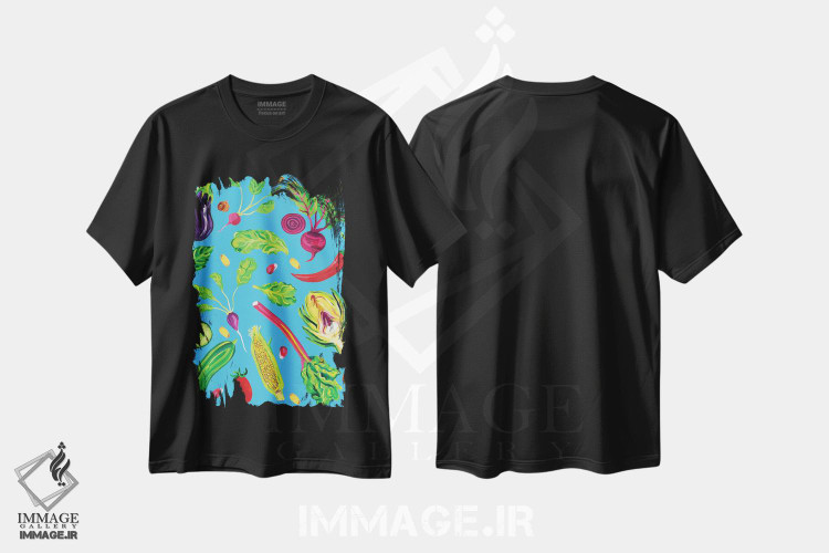 تیشرت طرح دار سبزیجات بهاری آبی، هنر فاخر معاصر اثر آلیس استراکر | فروشگاه ایماژ