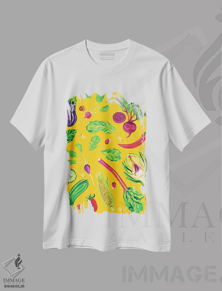 تیشرت طرح دار سبزیجات بهاری نارنجی روشن، هنر فاخر معاصر اثر آلیس استراکر | immage.ir