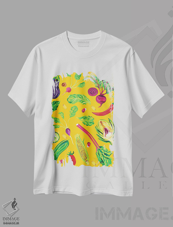 تیشرت طرح دار سبزیجات بهاری نارنجی روشن، هنر فاخر معاصر اثر آلیس استراکر | immage.ir