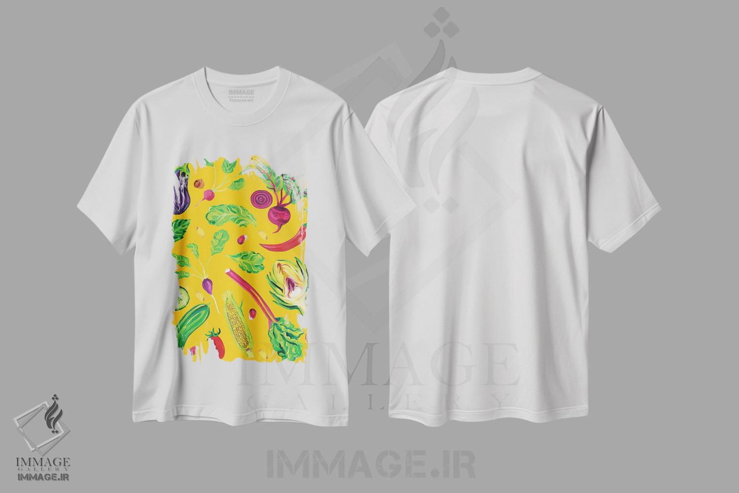 تیشرت طرح دار سبزیجات بهاری نارنجی روشن، هنر فاخر معاصر اثر آلیس استراکر | immage.ir