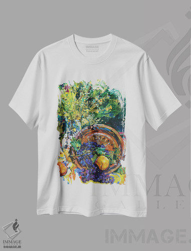 تیشرت طرح دار طبیعت بی جان آفتابی با هلو و گل های وحشی، دکور معاصر اثر اندریی کوتساچنکو | فروشگاه ایماژ