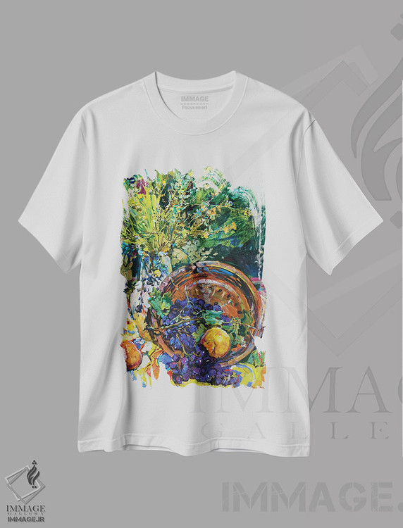 تیشرت طرح دار طبیعت بی جان آفتابی با هلو و گل های وحشی، دکور معاصر اثر اندریی کوتساچنکو | فروشگاه ایماژ