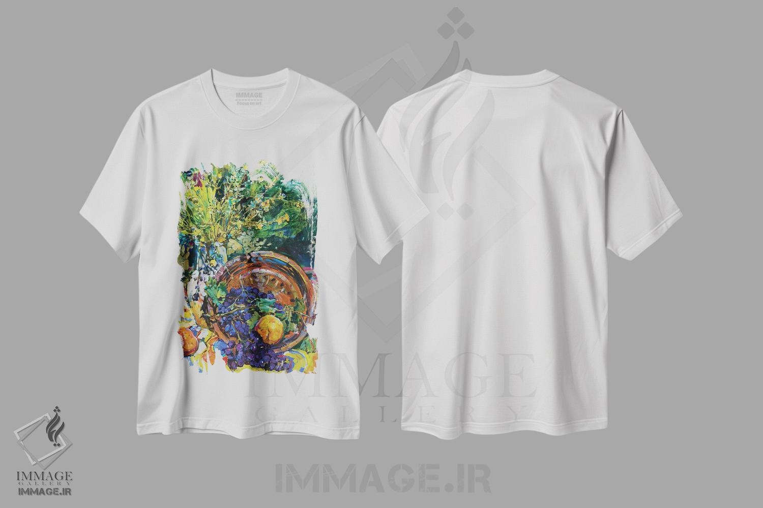 تیشرت طرح دار طبیعت بی جان آفتابی با هلو و گل های وحشی، دکور معاصر اثر اندریی کوتساچنکو | فروشگاه ایماژ